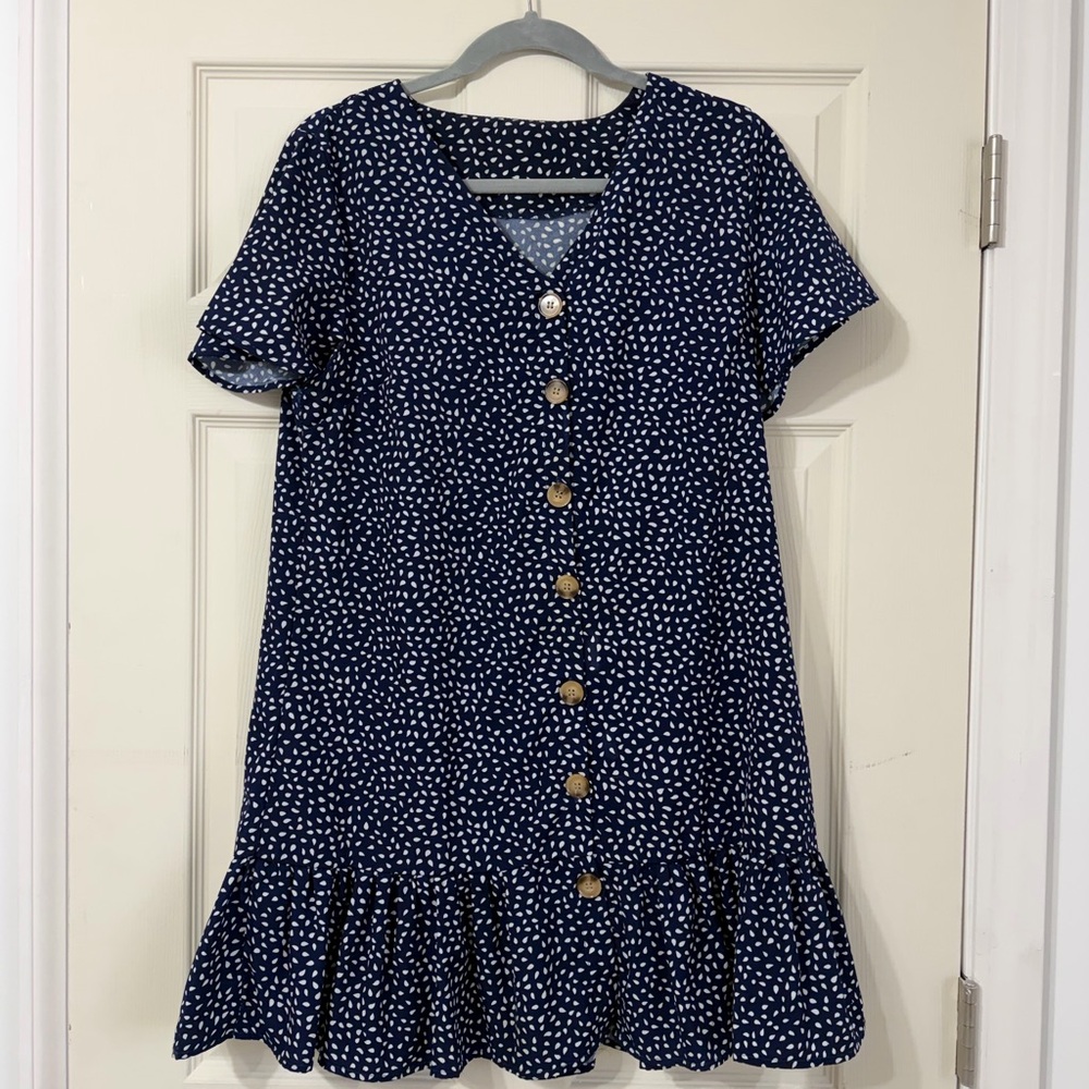 Navy Dot Button-Front Kids Dress